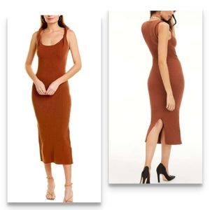 GOOD AMERICAN Twisted Sleeve Ribbed Midi Dress Back Slit Tortoise Shell